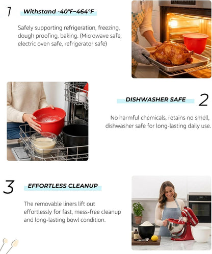 【3-Pack】 ® Silicone Bowl Liners for KitchenAid 5 Qt Tilt-Head Mixers, Foldable Space-Saving Silicone Mixing Bowl Liners with Lids, Heat Resistant, Dishwasher Safe (Black, White, Red)