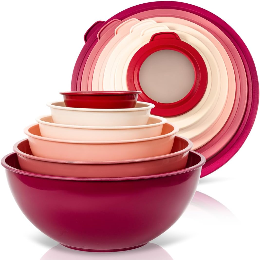 Mixing Bowl Set, 12 Piece Colorful Plastic Mixing Bowls with Lids Set for Food Prep Storage and Serving, Microwave and Dishwasher Safe for Kitchen Baking Cooking