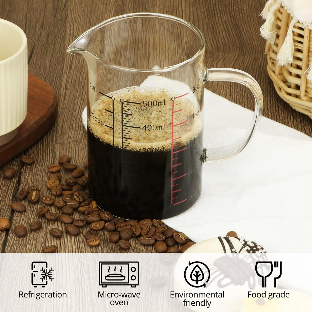 16 Oz 2 Cup Glass Measuring Cup with Insulated Handle, V-Shaped Spout, , Measuring Cup, Precise Measurement Scales Cup