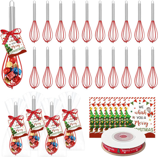 24 Sets Christmas Whisk Gift Sets Xmas Party Favors Includes 10 Inch Stainless Steel Egg Beaters Greeting Cards Ribbons Plastic Bags Ideal for Baking Cooking Stocking Stuffers Holiday (24, 10 Inch)