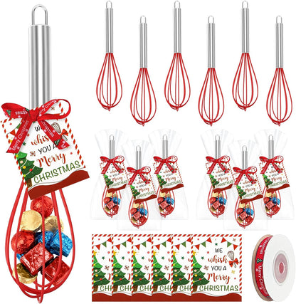 24 Sets Christmas Whisk Gift Sets Xmas Party Favors Includes 10 Inch Stainless Steel Egg Beaters Greeting Cards Ribbons Plastic Bags Ideal for Baking Cooking Stocking Stuffers Holiday (24, 10 Inch)