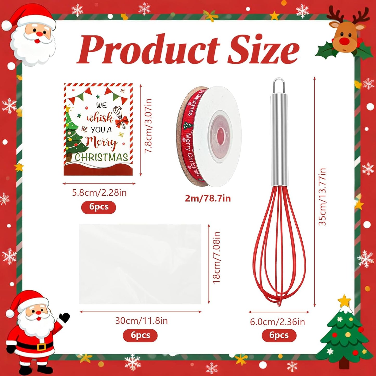 24 Sets Christmas Whisk Gift Sets Xmas Party Favors Includes 10 Inch Stainless Steel Egg Beaters Greeting Cards Ribbons Plastic Bags Ideal for Baking Cooking Stocking Stuffers Holiday (24, 10 Inch)