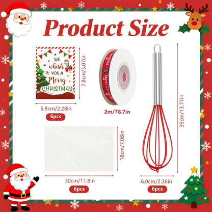 24 Sets Christmas Whisk Gift Sets Xmas Party Favors Includes 10 Inch Stainless Steel Egg Beaters Greeting Cards Ribbons Plastic Bags Ideal for Baking Cooking Stocking Stuffers Holiday (24, 10 Inch)