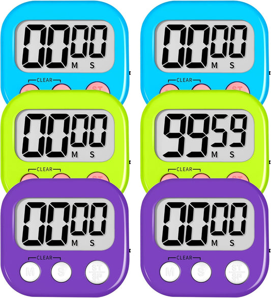 Digital Kitchen Classroom Timers for Kids Cooking 6pcs Blu Grn Pur | Strong Magnetic, Large Screen, Big Button, Count Up/Down, Loud Alarm, Teacher Classroom Must Haves Supplies