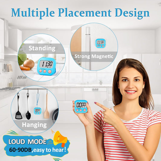 Digital Kitchen Classroom Timers for Kids Cooking 6pcs Blu Grn Pur | Strong Magnetic, Large Screen, Big Button, Count Up/Down, Loud Alarm, Teacher Classroom Must Haves Supplies