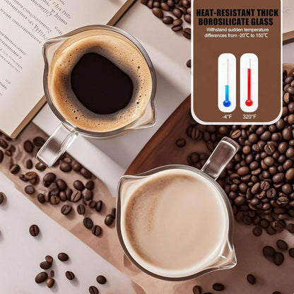 Espresso Cups Set of 2, 75ML Espresso Shot Glass with Handle Double Spout Cups Clear Glass Measuring Cup Coffee Accessories Great for Making Coffee Desserts Salad Dressing