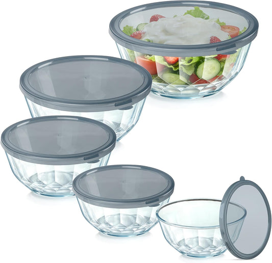 Thick Glass Mixing Bowls with Airtight Lids Set, 5-Piece Nesting Bowls for Baking & Meal Prep, BPA Free, Dishwasher Safe, 0.5/0.8/1.6/2.7/4.4 Quart - Gray