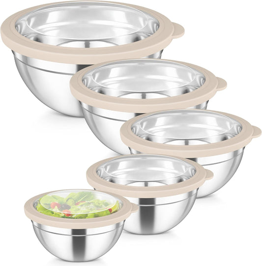 Mixing Bowls Set, 4.5/3/1.5/1/0.7 QT Salad Bowl with Lids, Khaki | Stainless Steel Nesting Bowls with Visible Airtight Lids, For Serving/ Mixing/ Storing, Non-Toxic & Dishwasher Safe, Set of 5