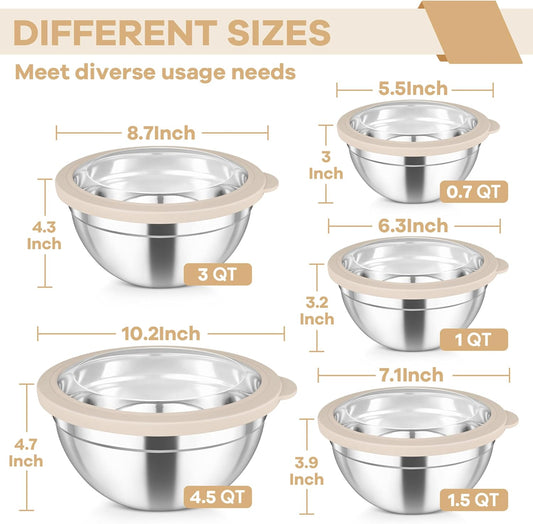 Mixing Bowls Set, 4.5/3/1.5/1/0.7 QT Salad Bowl with Lids, Khaki | Stainless Steel Nesting Bowls with Visible Airtight Lids, For Serving/ Mixing/ Storing, Non-Toxic & Dishwasher Safe, Set of 5