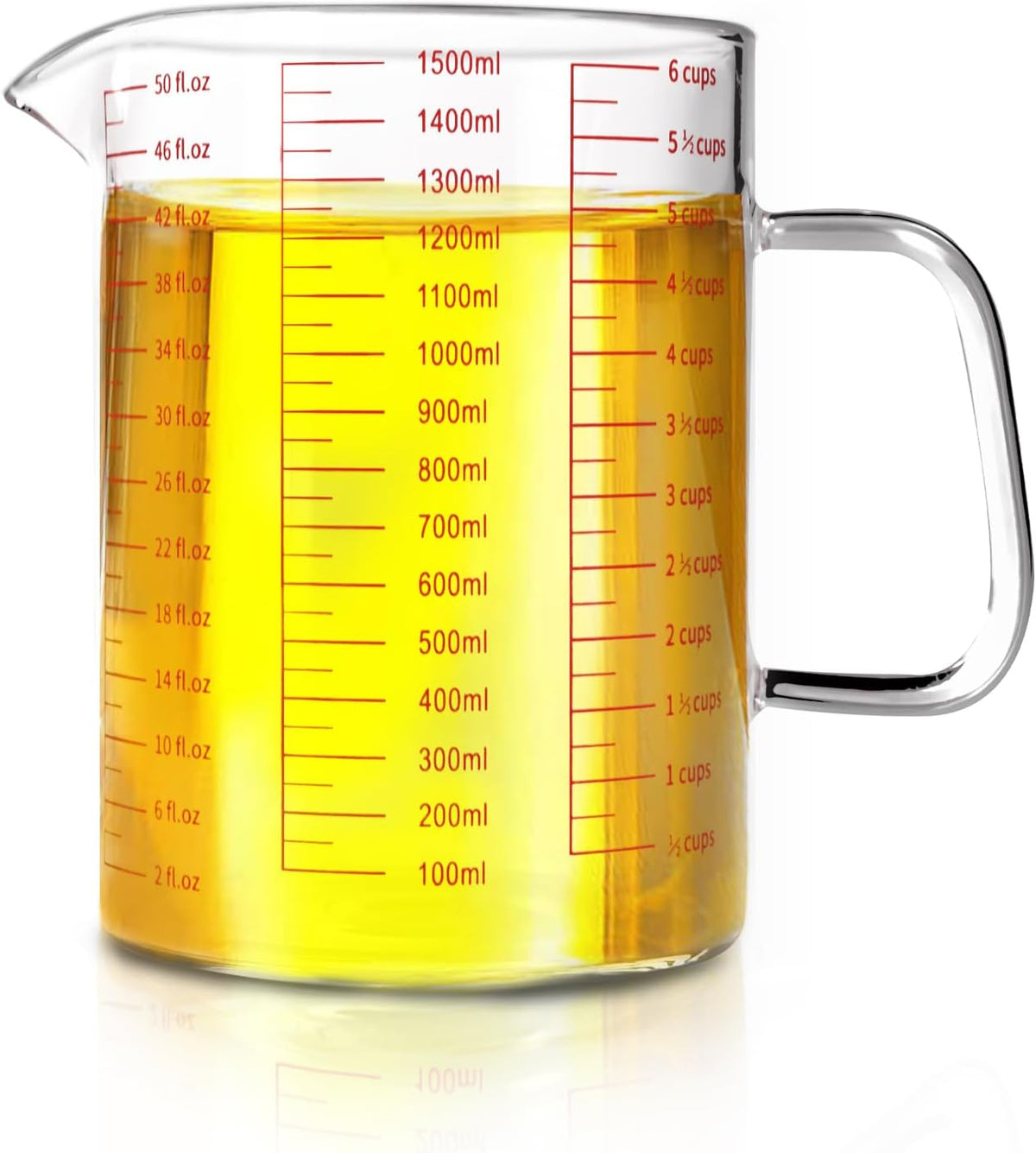 Glass Measuring Cup,6Cup/1500ml/50oz Liquid Measuring Cups, Measuring Cup With Handle and V-Shaped Spout, Glass Beaker with Three Scales (OZ, Cup, ML), Dishwasher/Freezer/Microwave Safe