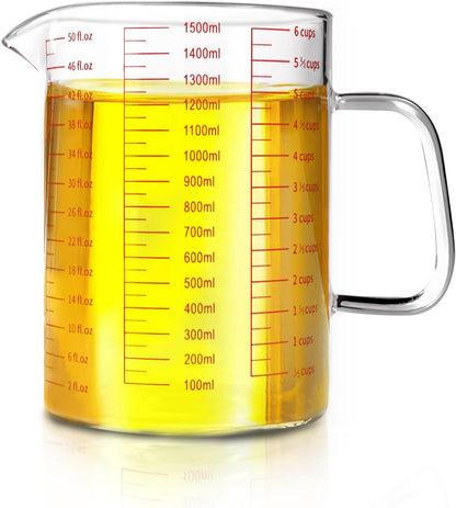 Glass Measuring Cup,6Cup/1500ml/50oz Liquid Measuring Cups, Measuring Cup With Handle and V-Shaped Spout, Glass Beaker with Three Scales (OZ, Cup, ML), Dishwasher/Freezer/Microwave Safe