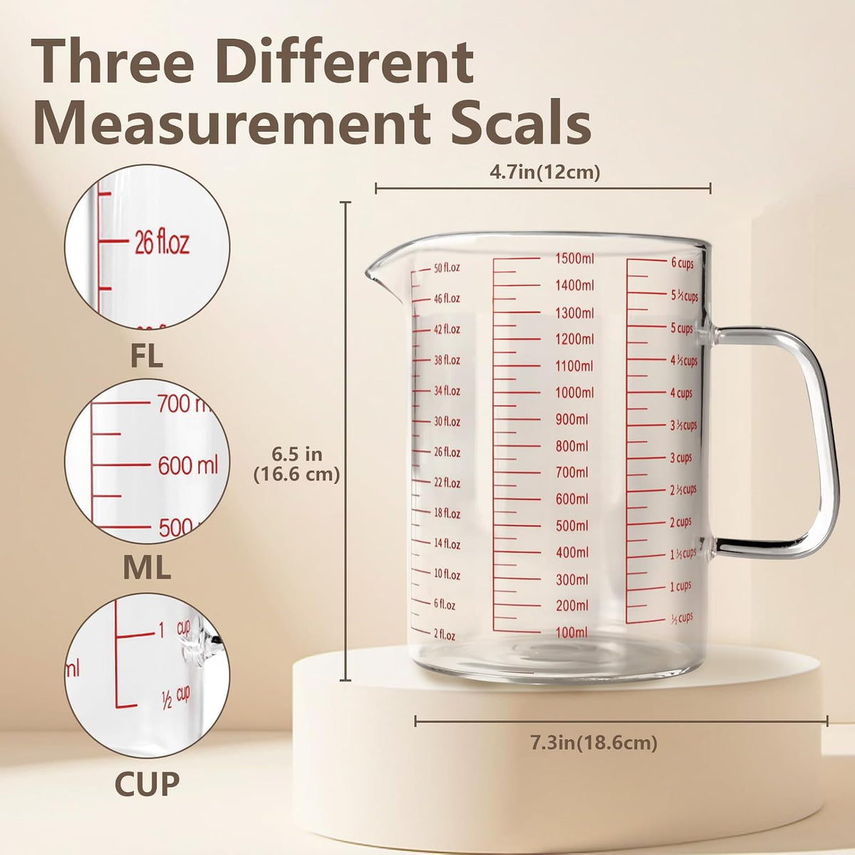 Glass Measuring Cup,6Cup/1500ml/50oz Liquid Measuring Cups, Measuring Cup With Handle and V-Shaped Spout, Glass Beaker with Three Scales (OZ, Cup, ML), Dishwasher/Freezer/Microwave Safe