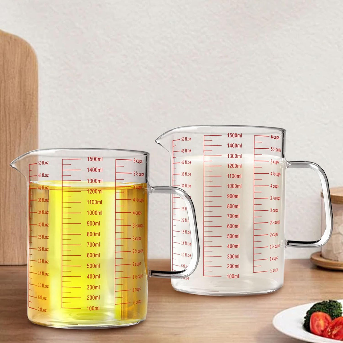 Glass Measuring Cup,6Cup/1500ml/50oz Liquid Measuring Cups, Measuring Cup With Handle and V-Shaped Spout, Glass Beaker with Three Scales (OZ, Cup, ML), Dishwasher/Freezer/Microwave Safe
