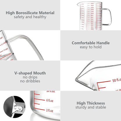 Glass Measuring Cup,6Cup/1500ml/50oz Liquid Measuring Cups, Measuring Cup With Handle and V-Shaped Spout, Glass Beaker with Three Scales (OZ, Cup, ML), Dishwasher/Freezer/Microwave Safe
