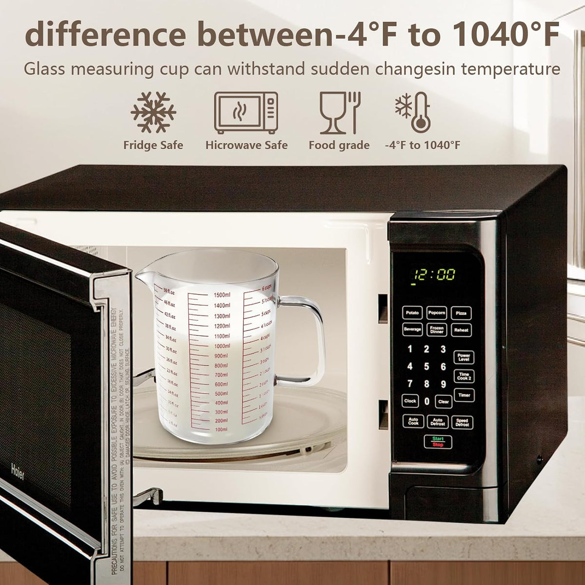 Glass Measuring Cup,6Cup/1500ml/50oz Liquid Measuring Cups, Measuring Cup With Handle and V-Shaped Spout, Glass Beaker with Three Scales (OZ, Cup, ML), Dishwasher/Freezer/Microwave Safe