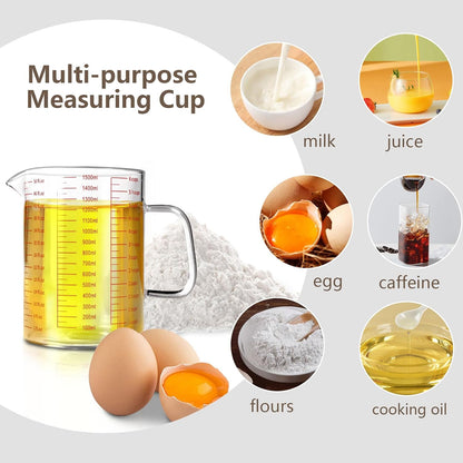 Glass Measuring Cup,6Cup/1500ml/50oz Liquid Measuring Cups, Measuring Cup With Handle and V-Shaped Spout, Glass Beaker with Three Scales (OZ, Cup, ML), Dishwasher/Freezer/Microwave Safe