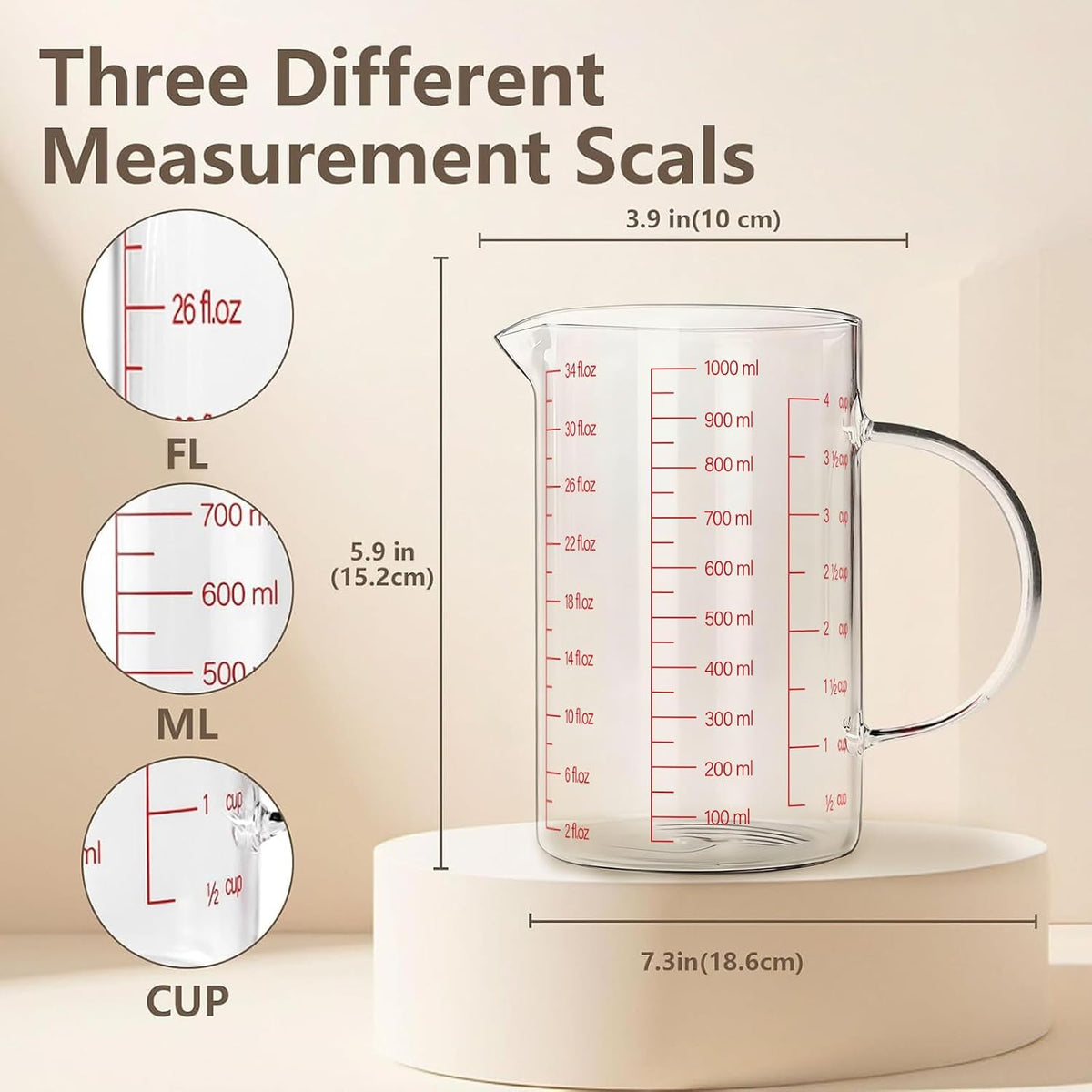 Glass Measuring Cup,6Cup/1500ml/50oz Liquid Measuring Cups, Measuring Cup With Handle and V-Shaped Spout, Glass Beaker with Three Scales (OZ, Cup, ML), Dishwasher/Freezer/Microwave Safe