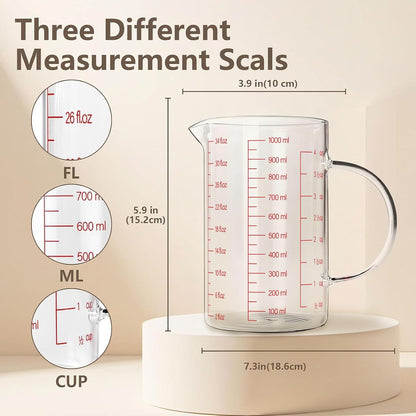 Glass Measuring Cup,6Cup/1500ml/50oz Liquid Measuring Cups, Measuring Cup With Handle and V-Shaped Spout, Glass Beaker with Three Scales (OZ, Cup, ML), Dishwasher/Freezer/Microwave Safe