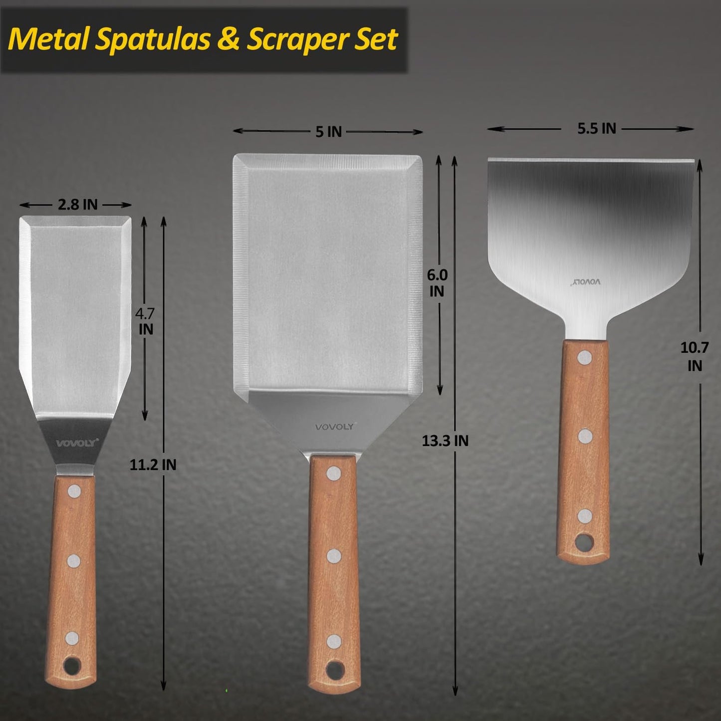 Stainless Steel Metal Spatula Set For Griddle, Grill Spatula Scraper for BBQ/Flat Top Grill- Full Tang Handle -Thicked Blade- Beveled Edges, Great Griddle Accessories for Pancake/Dough Cutter
