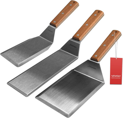 Stainless Steel Metal Spatula Set For Griddle, Grill Spatula Scraper for BBQ/Flat Top Grill- Full Tang Handle -Thicked Blade- Beveled Edges, Great Griddle Accessories for Pancake/Dough Cutter