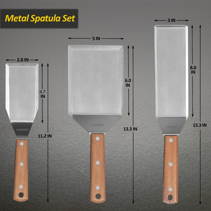 Stainless Steel Metal Spatula Set For Griddle, Grill Spatula Scraper for BBQ/Flat Top Grill- Full Tang Handle -Thicked Blade- Beveled Edges, Great Griddle Accessories for Pancake/Dough Cutter