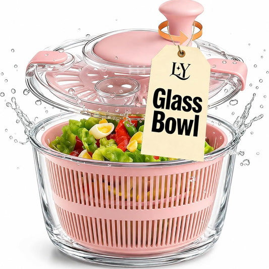 5.2 Qt Glass Salad Spinner, Large Salad Spinner with Borosilicate Glass Bowl, Drain Spout Lid, Crank Handle, Removable Basket, Lettuce Dryer for Fruits Vegetables Herbs, Pink