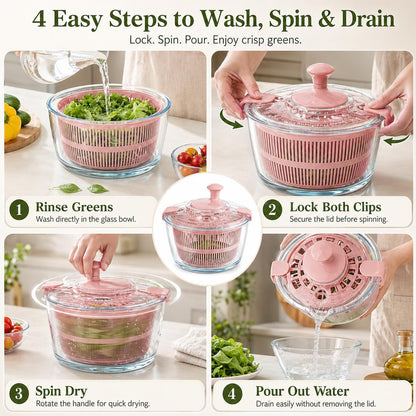 5.2 Qt Glass Salad Spinner, Large Salad Spinner with Borosilicate Glass Bowl, Drain Spout Lid, Crank Handle, Removable Basket, Lettuce Dryer for Fruits Vegetables Herbs, Pink