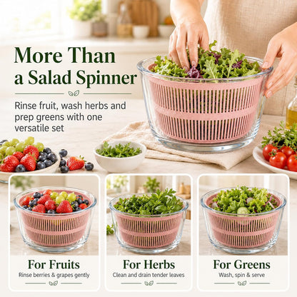5.2 Qt Glass Salad Spinner, Large Salad Spinner with Borosilicate Glass Bowl, Drain Spout Lid, Crank Handle, Removable Basket, Lettuce Dryer for Fruits Vegetables Herbs, Pink