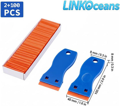 Plastic Razor Blade Scraper 2 Pack, 100 Blades, Storage Case