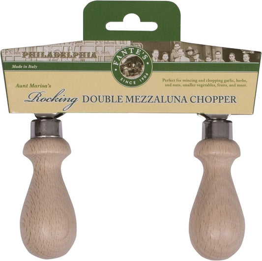 Double Mezzaluna Vegetable Chopper Rocking Knife, 5.5-Inch Stainless Steel Blade with Beechwood Handles, The Italian Market Original since 1906,Brown