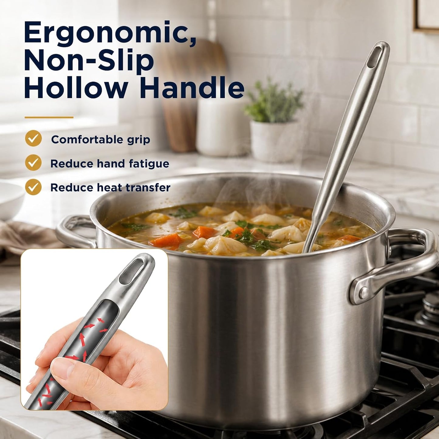 Newness Soup Ladle, [Rustproof, Heat Resistance, Integral Forming] Resilient 304 Stainless Steel Soup Spoon with Vacuum Ergonomic Round Handle, Cooking Spoon for Kitchen, 13.7 Inches