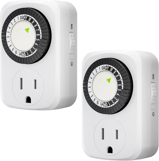 Indoor Mini 24-Hour Mechanical Outlet Timer, for Electrical Outlets, 30 Minute Intervals, 3-Prong, 2-Pack, Light Timer for Indoor Lighting, ETL Listed