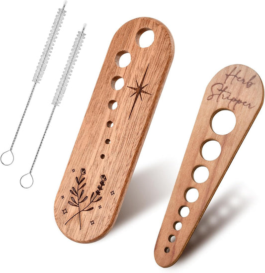 Herb Stripper 2pack, 7 Hole/8 Hole Wooden Vegetable Leaf Separator, 4mm-18mm Sized Holes Handmade Herb Stripper Tool with Cleaning Brush, Gifts for Chefs and Home Cooks