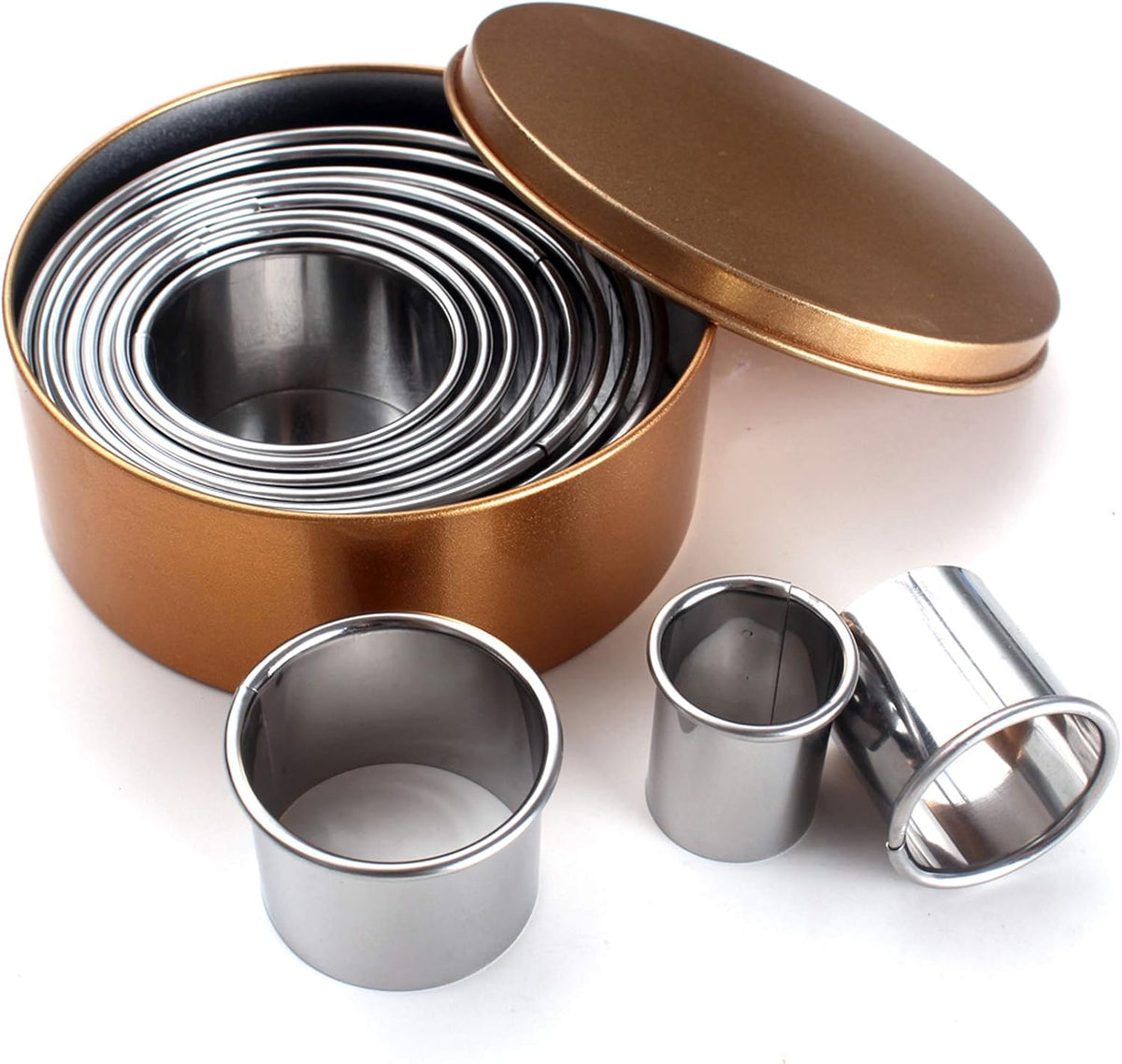 Round Stainless Steel Cookie Biscuit Cutters Set in Storage Tin, Assorted Sizes, 11 Pieces