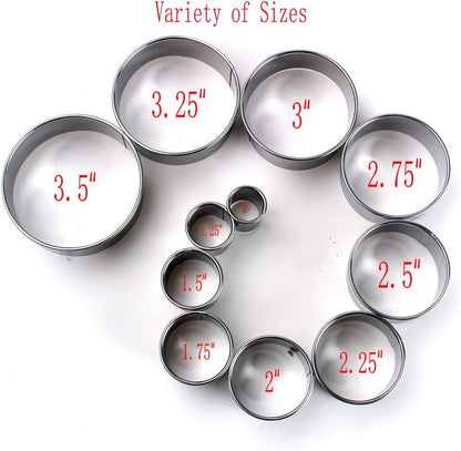 Round Stainless Steel Cookie Biscuit Cutters Set in Storage Tin, Assorted Sizes, 11 Pieces