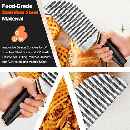 Large Crinkle Cutter, Stainless Steel Wave Potato Slicer | French Fry Cutter Wavy Chopper, Vegetable Crinkle Cutting Tool with Handle, For Cucumber