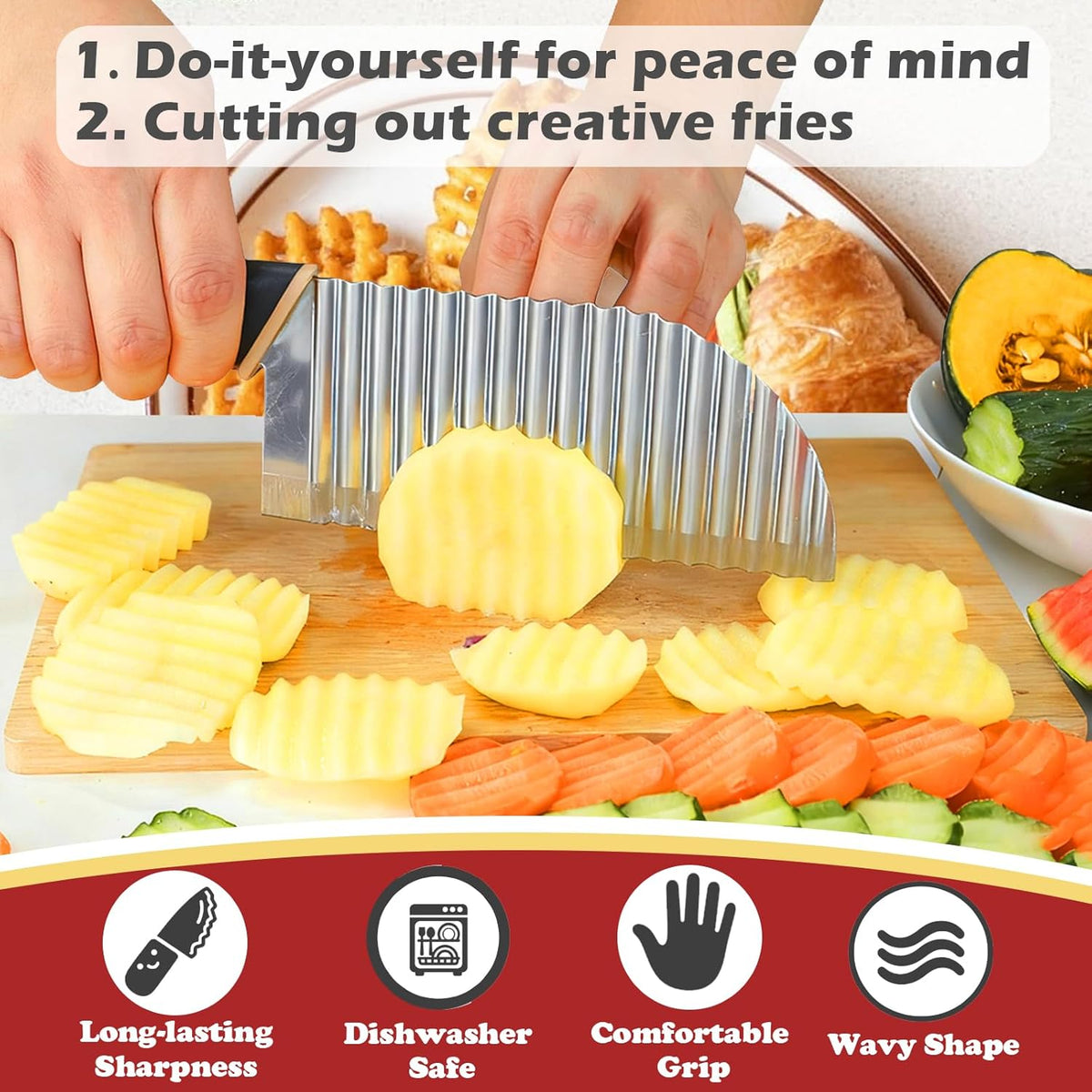 Large Crinkle Cutter, Stainless Steel Wave Potato Slicer | French Fry Cutter Wavy Chopper, Vegetable Crinkle Cutting Tool with Handle, For Cucumber