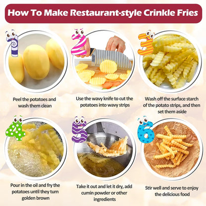 Large Crinkle Cutter, Stainless Steel Wave Potato Slicer | French Fry Cutter Wavy Chopper, Vegetable Crinkle Cutting Tool with Handle, For Cucumber