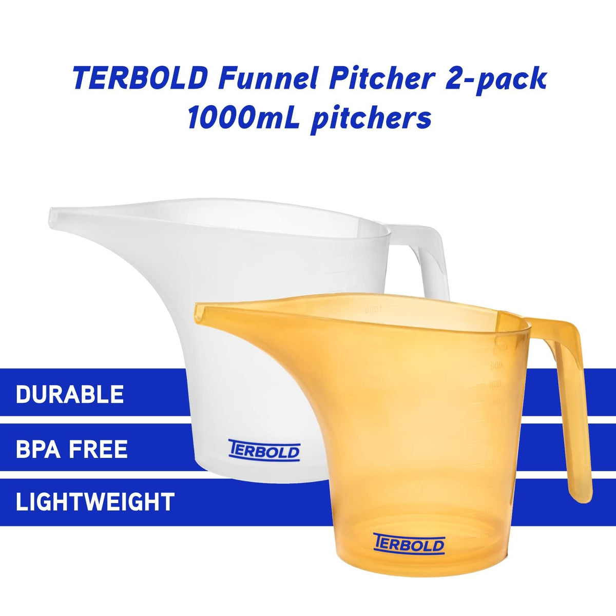 Funnel Pitcher with Spout 2pc Set | 1 Liter Plastic Measuring Pitchers for Cake, Pancake Dispenser, Soap Pouring or Oil Automotive use