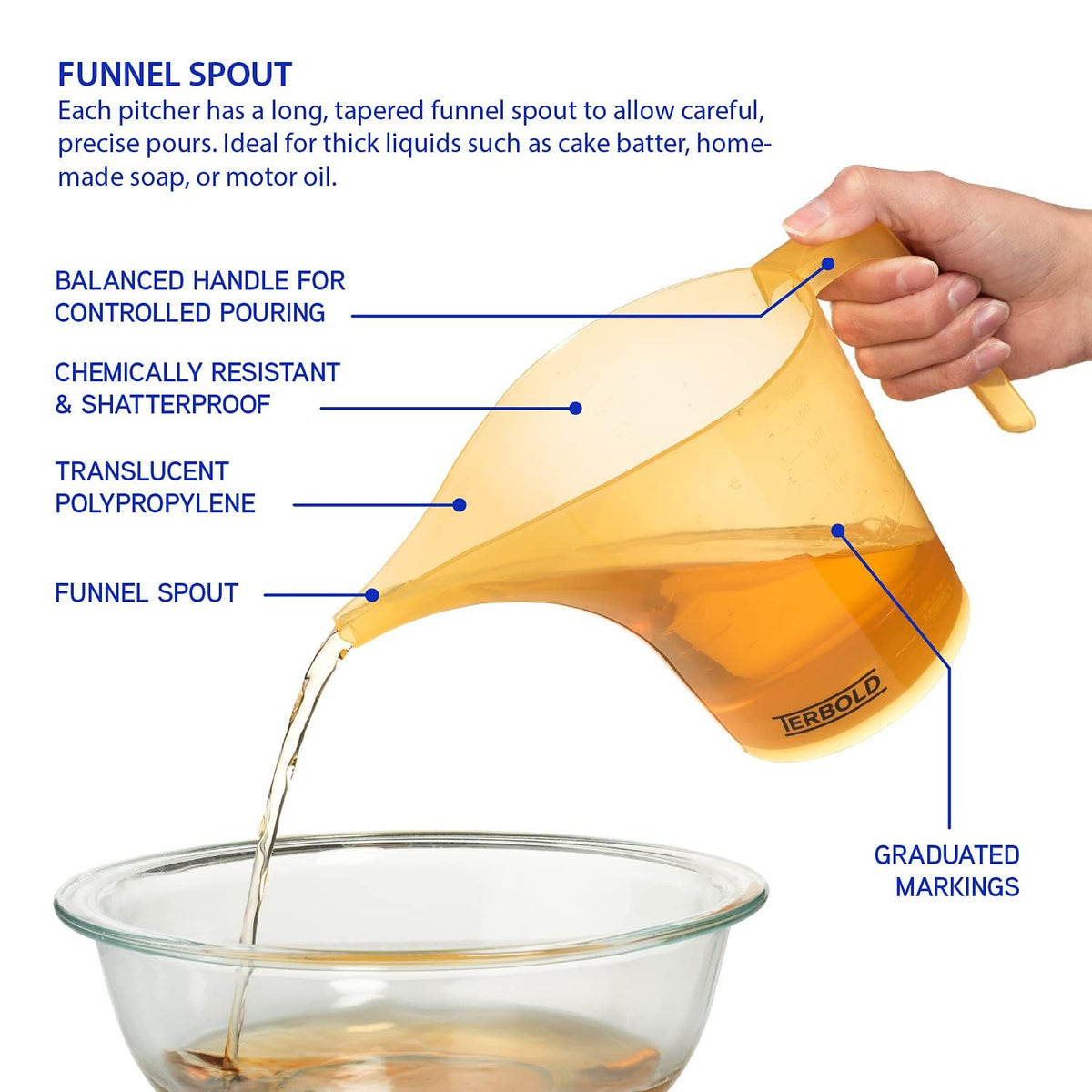 Funnel Pitcher with Spout 2pc Set | 1 Liter Plastic Measuring Pitchers for Cake, Pancake Dispenser, Soap Pouring or Oil Automotive use