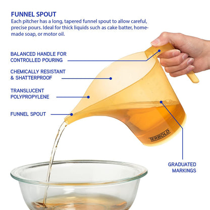 Funnel Pitcher with Spout 2pc Set | 1 Liter Plastic Measuring Pitchers for Cake, Pancake Dispenser, Soap Pouring or Oil Automotive use