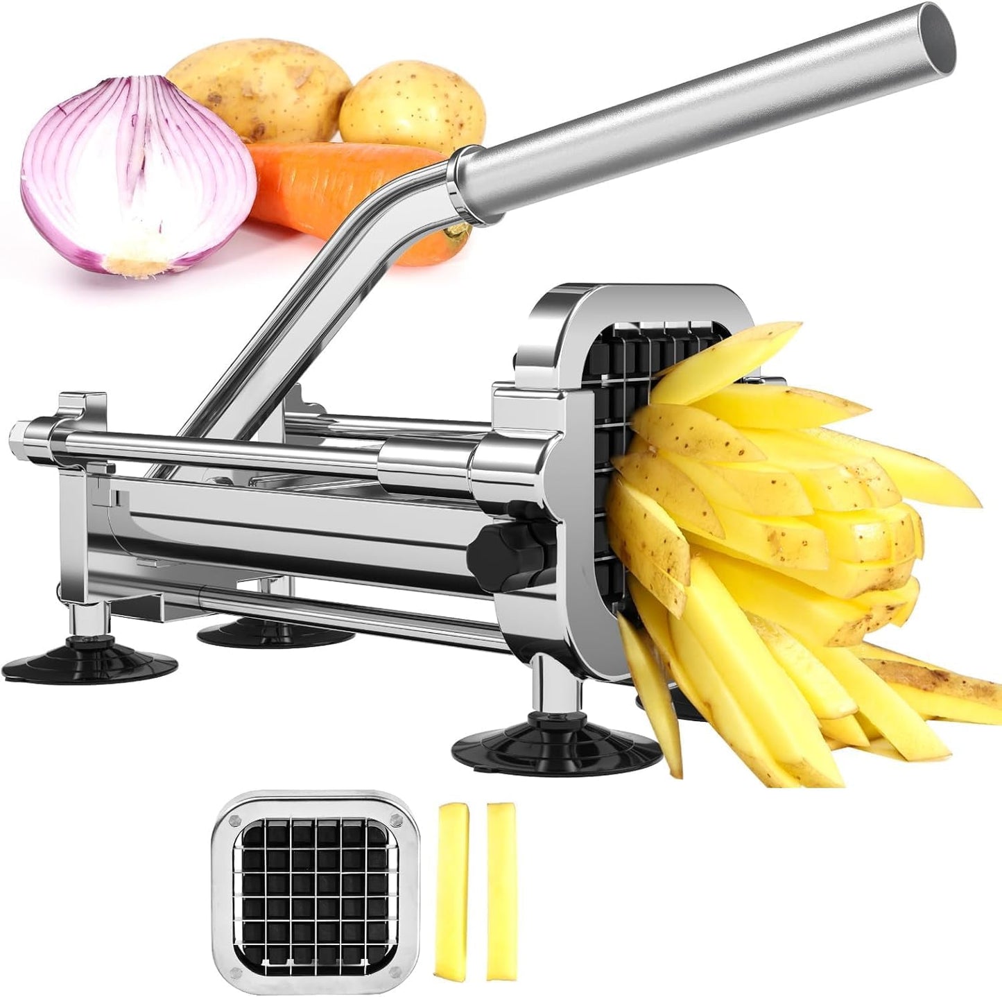 French Fry Cutter, Stainless Steel Potato Cutter with 1/2 Inch, 3/8 Inch and 1/4 Inch Blades (Manual Cutter, 1/2 '' & 3/8 '' & 1/4 '' Blade)