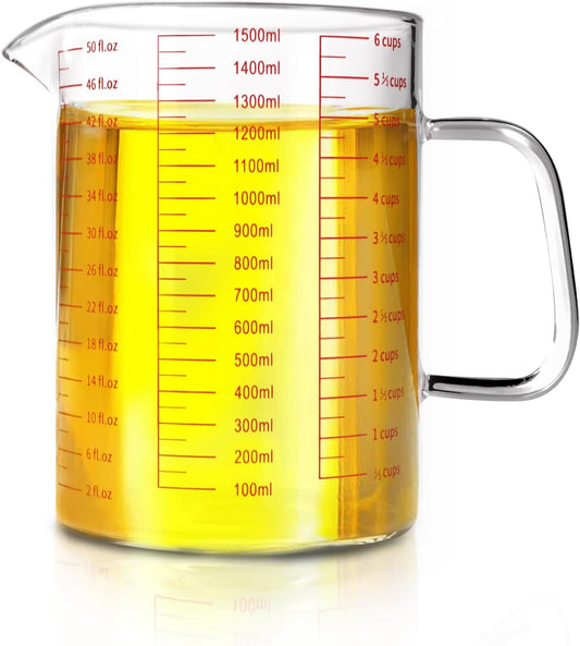 Glass Measuring Cup,6Cup/1500ml/50oz Liquid Measuring Cups, Measuring Cup With Handle and V-Shaped Spout, Glass Beaker with Three Scales (OZ, Cup, ML), Dishwasher/Freezer/Microwave Safe