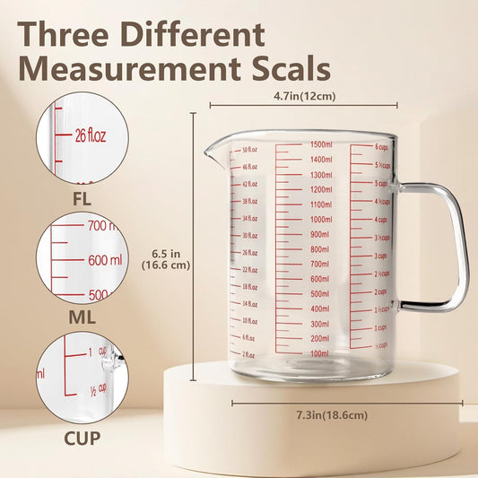 Glass Measuring Cup,6Cup/1500ml/50oz Liquid Measuring Cups, Measuring Cup With Handle and V-Shaped Spout, Glass Beaker with Three Scales (OZ, Cup, ML), Dishwasher/Freezer/Microwave Safe