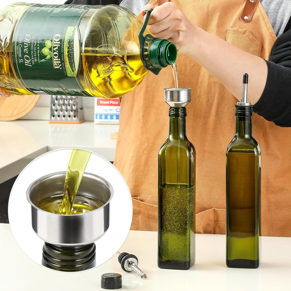 17oz Glass Olive Oil Bottle Dispenser - 500ml Green Oil and Vinegar Cruet with Pourers and Funnel - Olive Oil Carafe Decanter for Kitchen