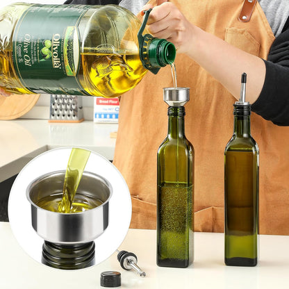 17oz Glass Olive Oil Bottle Dispenser - 500ml Green Oil and Vinegar Cruet with Pourers and Funnel - Olive Oil Carafe Decanter for Kitchen