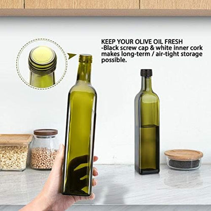 17oz Glass Olive Oil Bottle Dispenser - 500ml Green Oil and Vinegar Cruet with Pourers and Funnel - Olive Oil Carafe Decanter for Kitchen