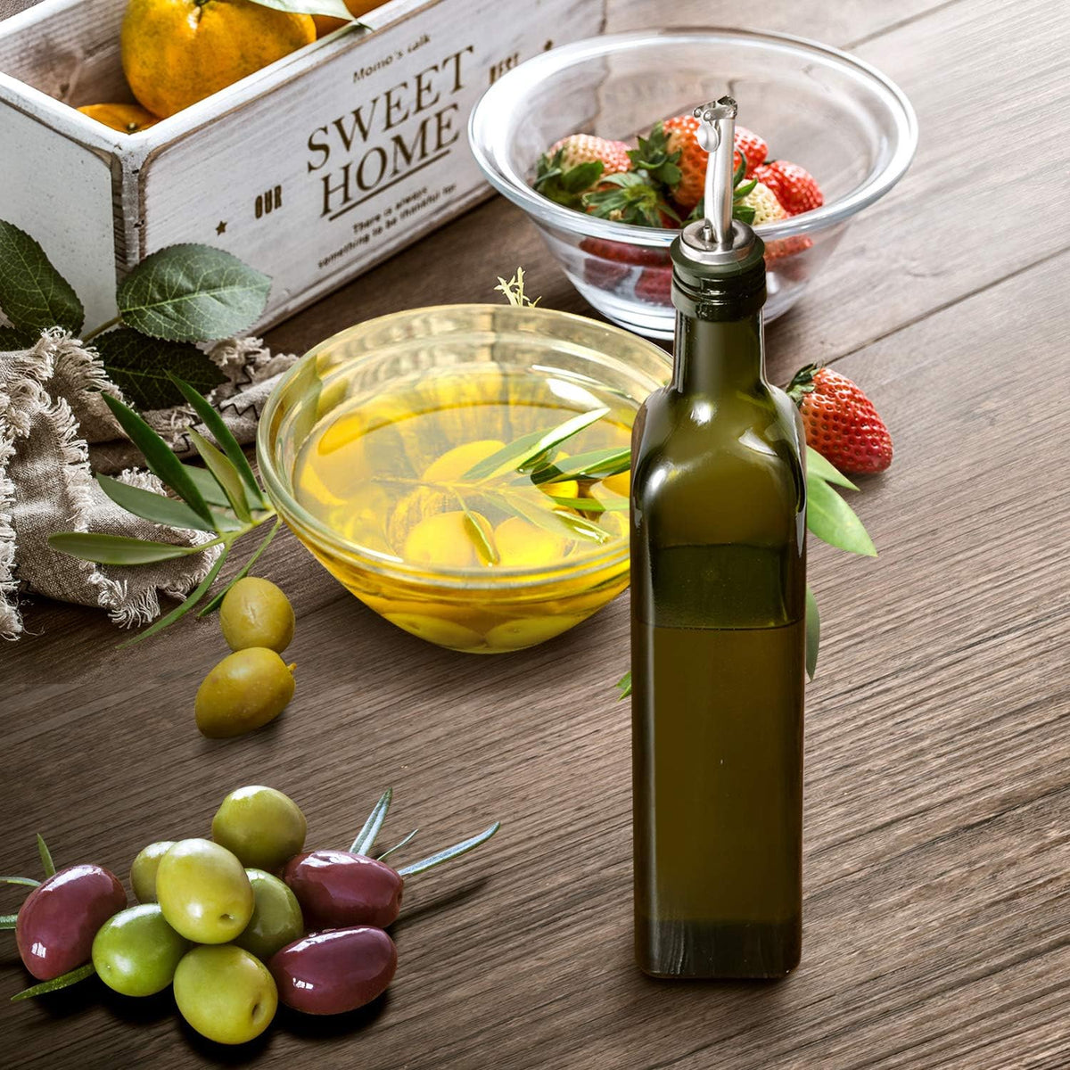17oz Glass Olive Oil Bottle Dispenser - 500ml Green Oil and Vinegar Cruet with Pourers and Funnel - Olive Oil Carafe Decanter for Kitchen