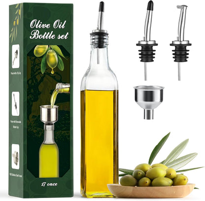 17oz Glass Olive Oil Bottle Dispenser - 500ml Green Oil and Vinegar Cruet with Pourers and Funnel - Olive Oil Carafe Decanter for Kitchen