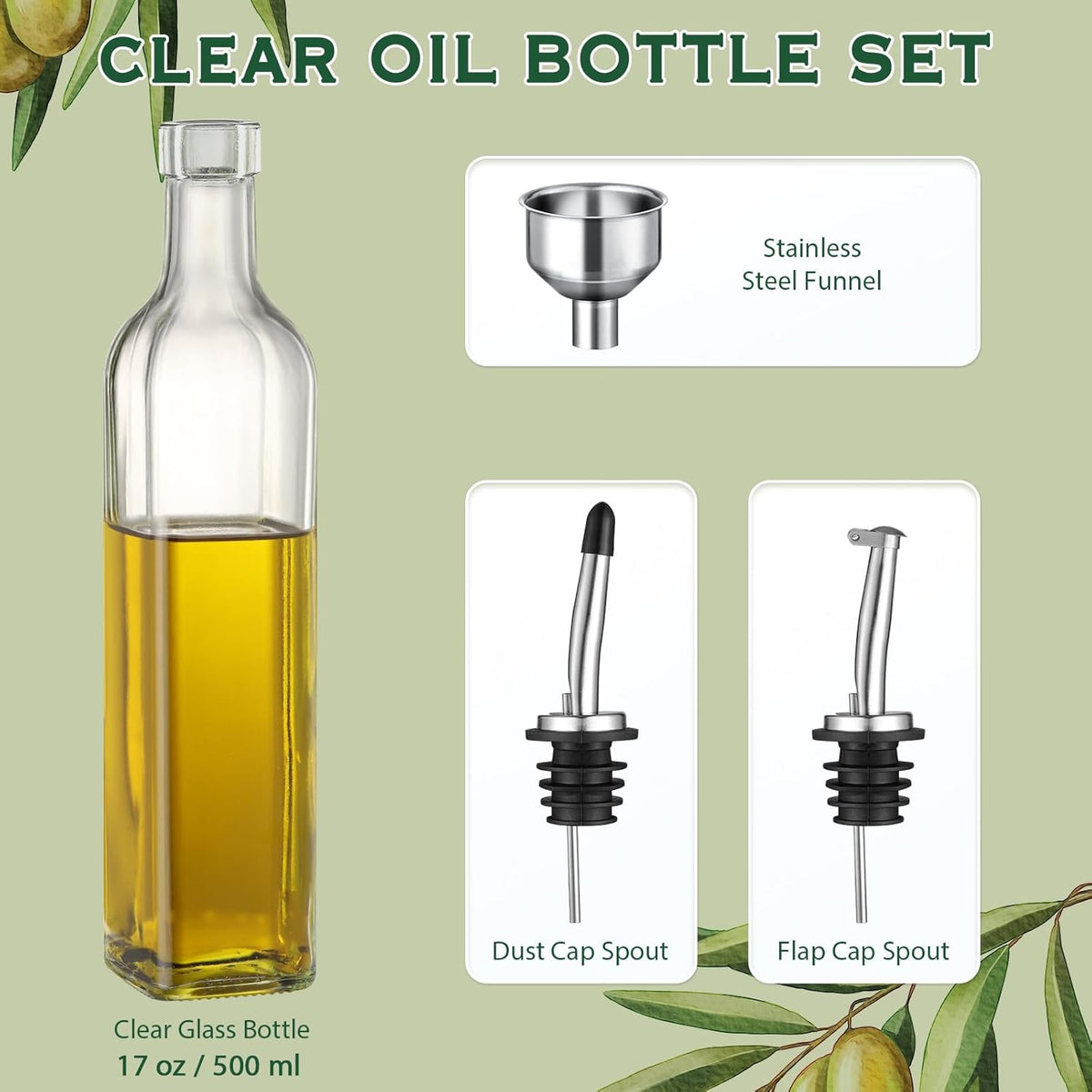 17oz Glass Olive Oil Bottle Dispenser - 500ml Green Oil and Vinegar Cruet with Pourers and Funnel - Olive Oil Carafe Decanter for Kitchen